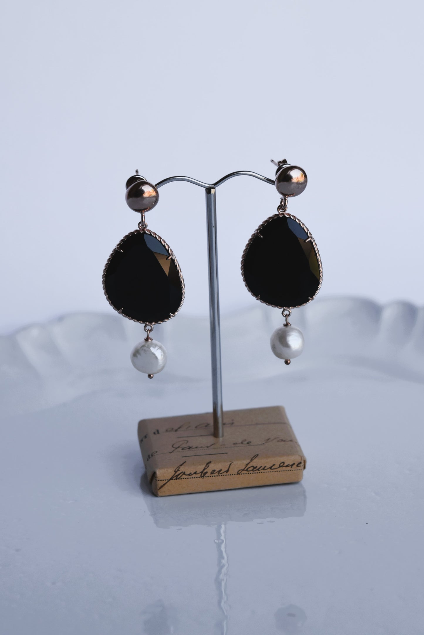 Italian Black Agate & Pearl Drop Stud Earrings