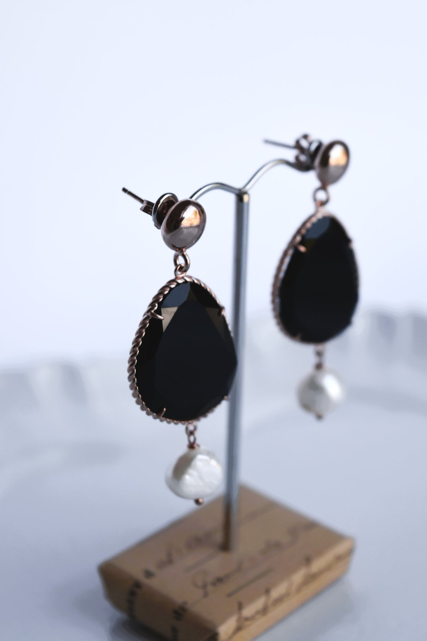Italian Black Agate & Pearl Drop Stud Earrings