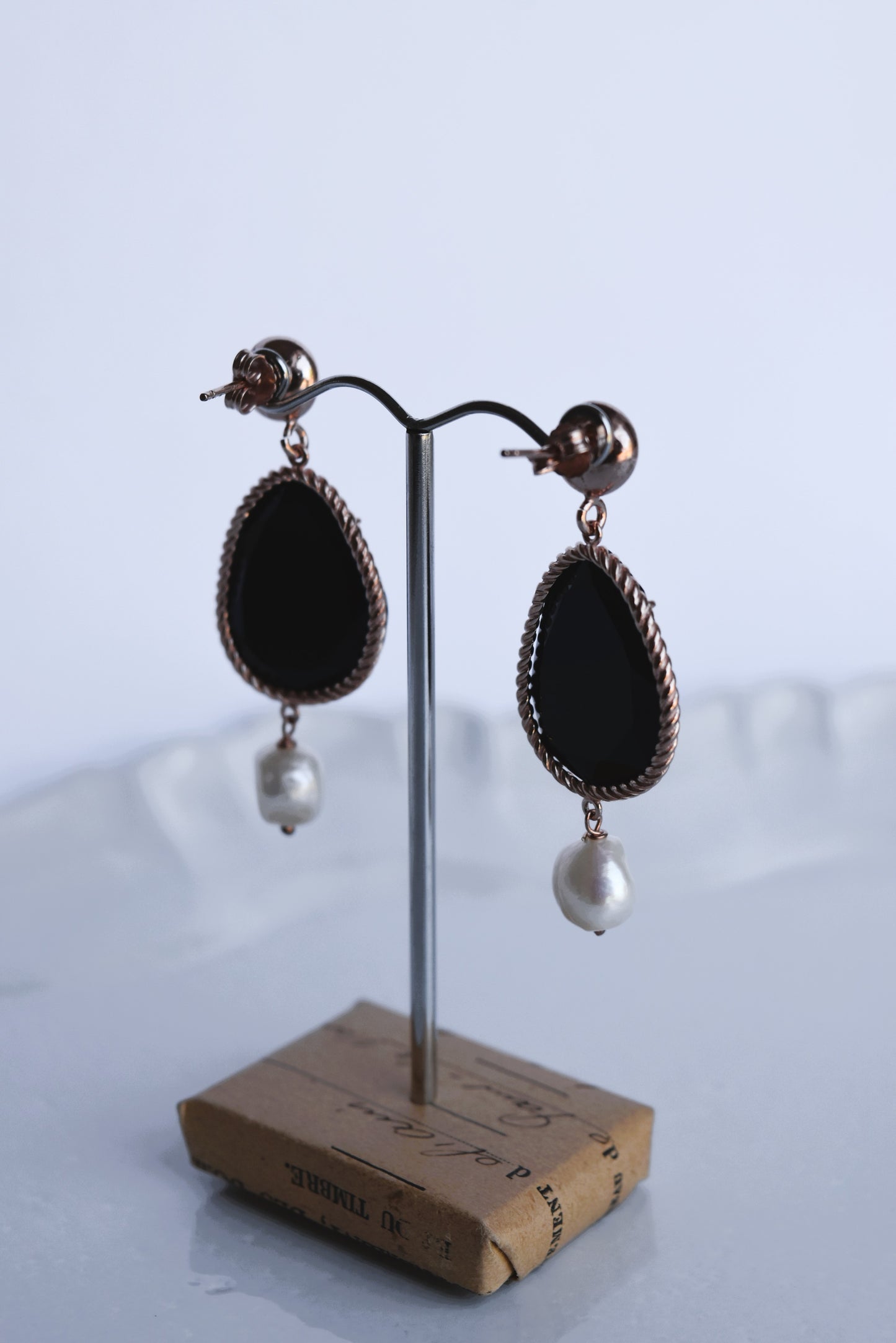 Italian Black Agate & Pearl Drop Stud Earrings