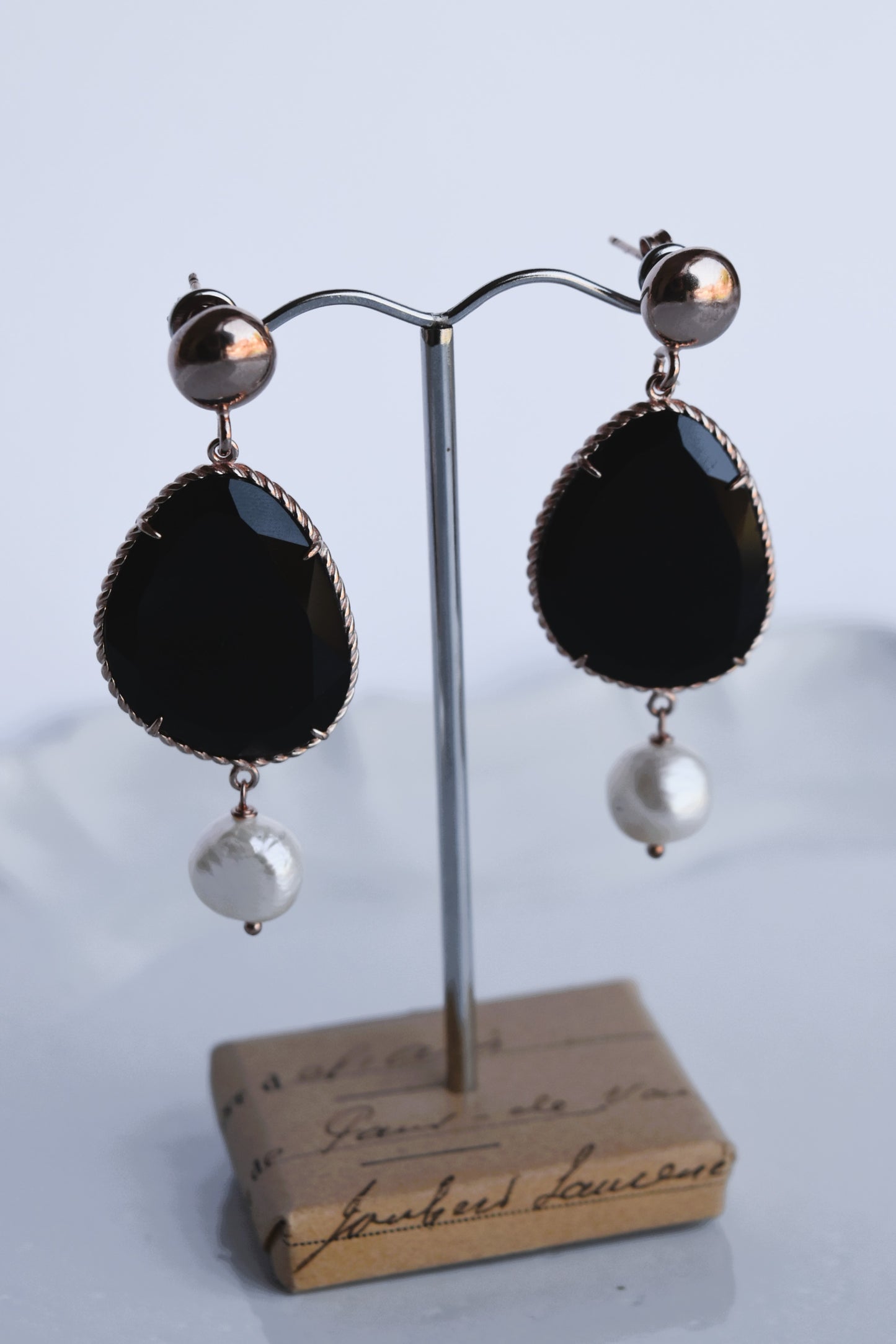 Italian Black Agate & Pearl Drop Stud Earrings