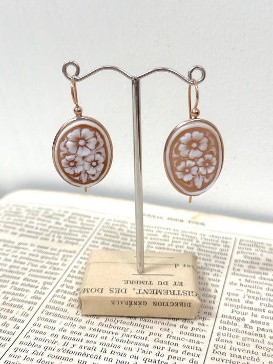 Italian Large Oval Flower Cameo Earrings
