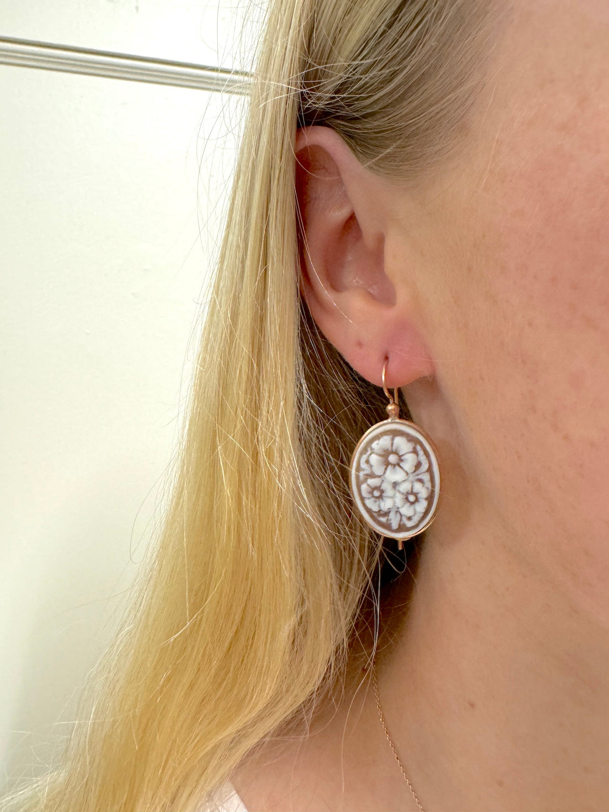 Italian Large Oval Flower Cameo Earrings