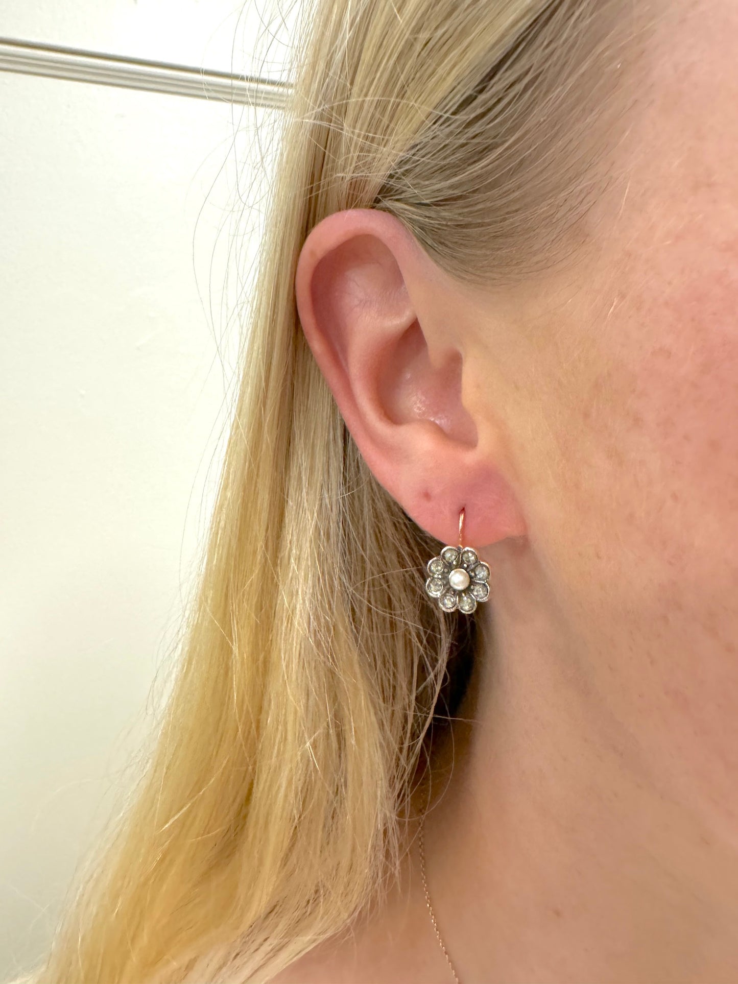 Italian Small Crystal Flower Earrings With Pearl Centre
