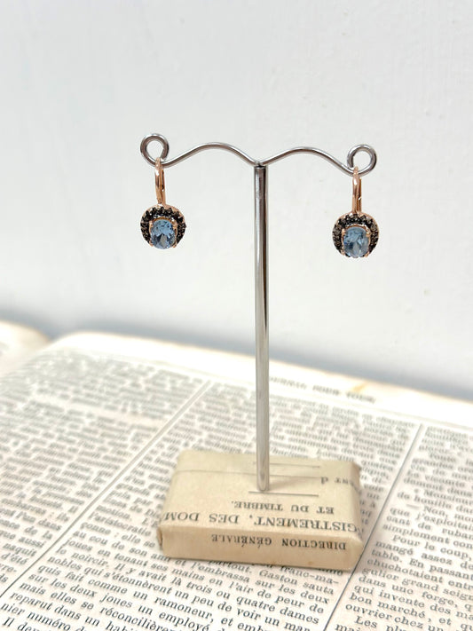 Italian Small Rose Gold Earrings With Aquamarine Centre