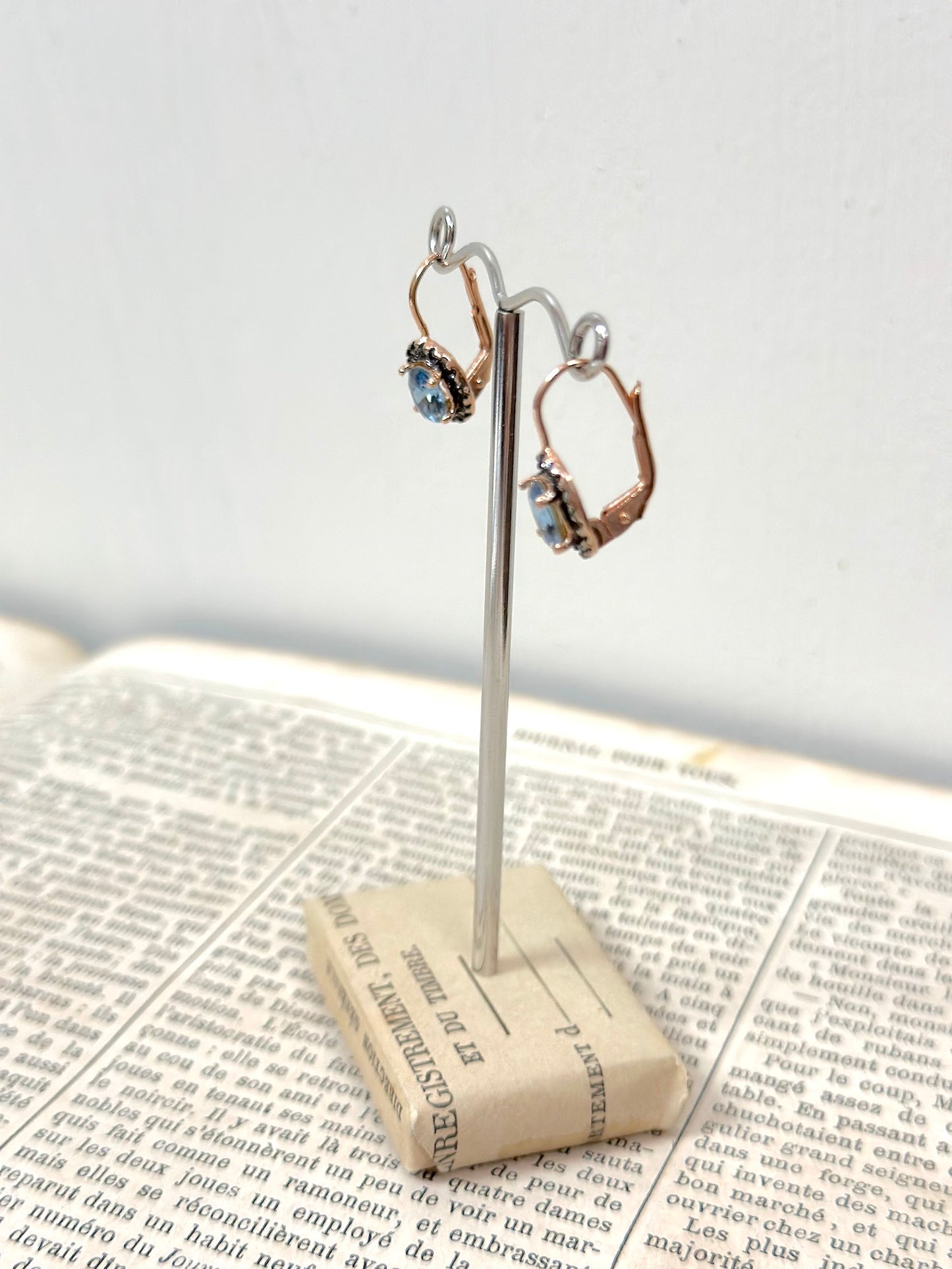 Italian Small Rose Gold Earrings With Aquamarine Centre