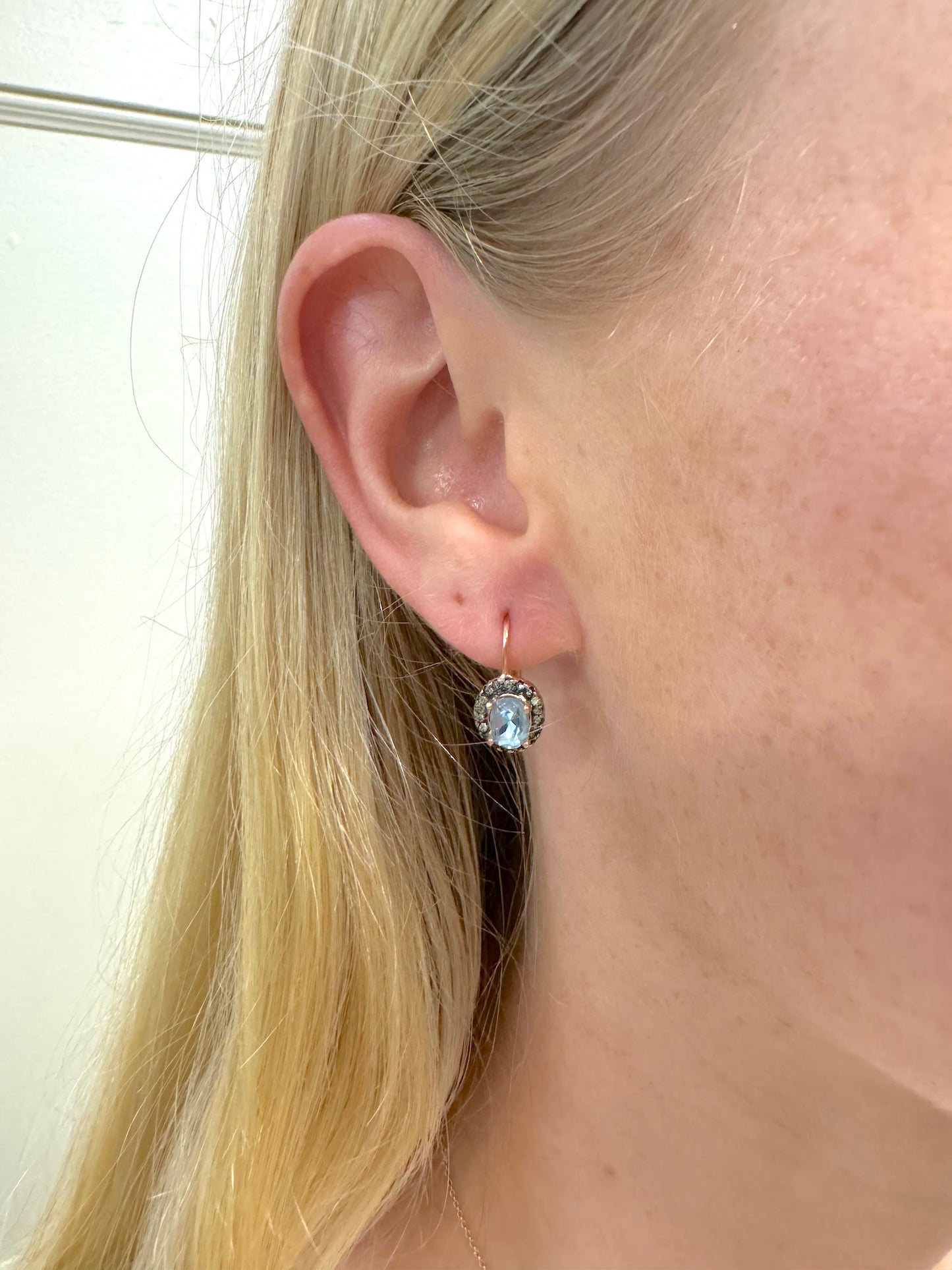 Italian Small Rose Gold Earrings With Aquamarine Centre