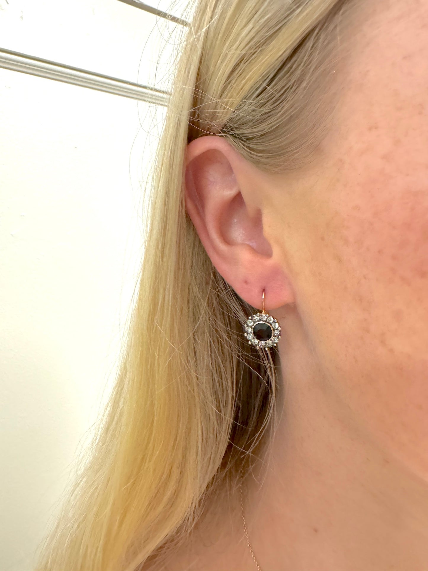 Italian Small Round Crystal Earrings With Onyx Centre