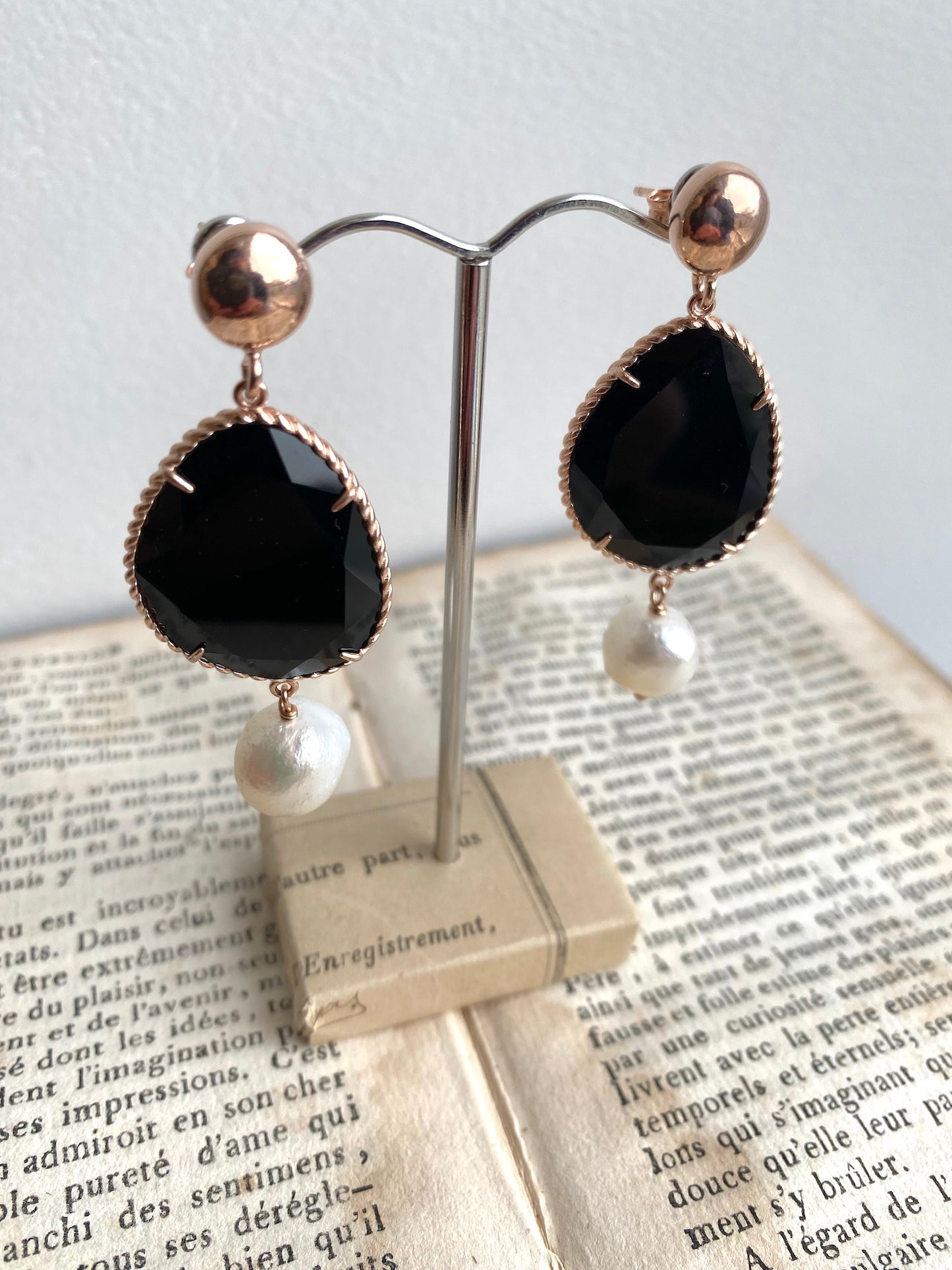 Italian Black Agate And Pearl Stud Earrings