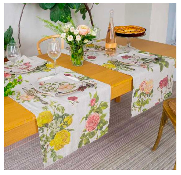 European Linen 'Roses' Table Runner - Natural