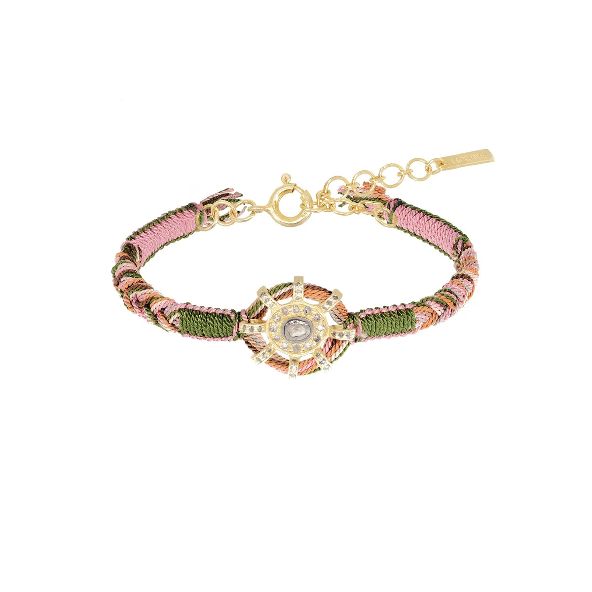 Marie Laure Chamorel Pink & Kahki Woven Bracelet With Diamond Center