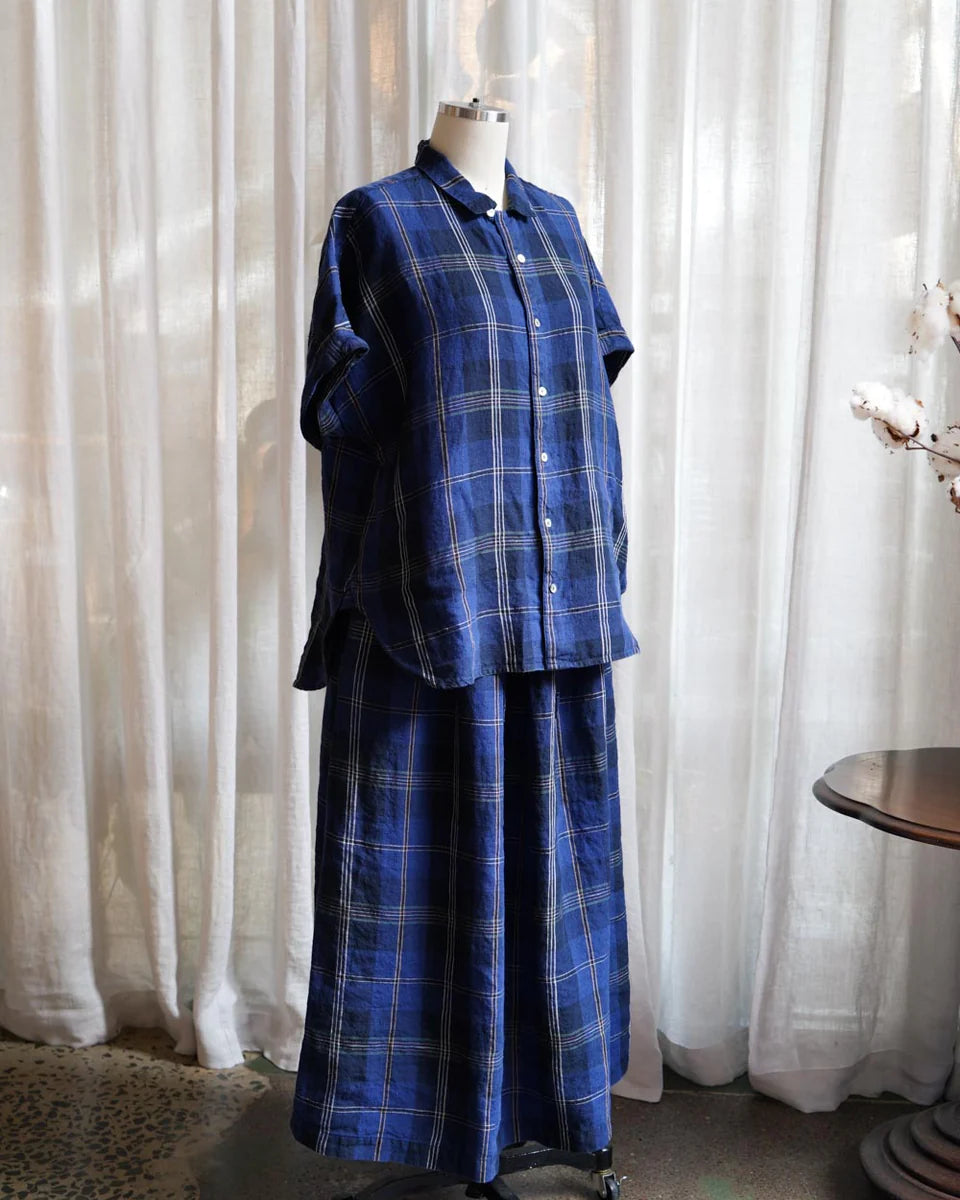 Metta Pippi Short Sleeve Blouse - Blue Tartan