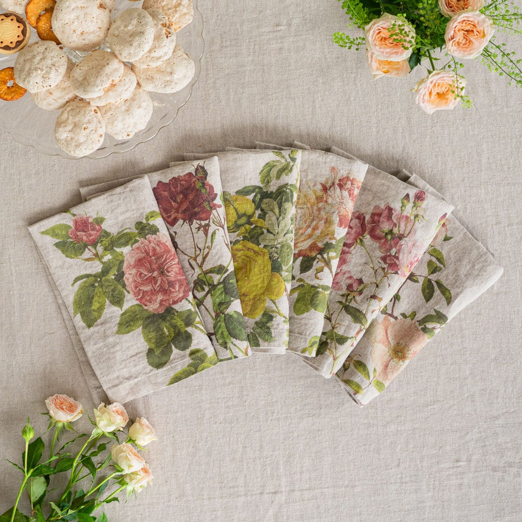 European Linen 'Roses' Set of 6 Linen Napkins - Natural