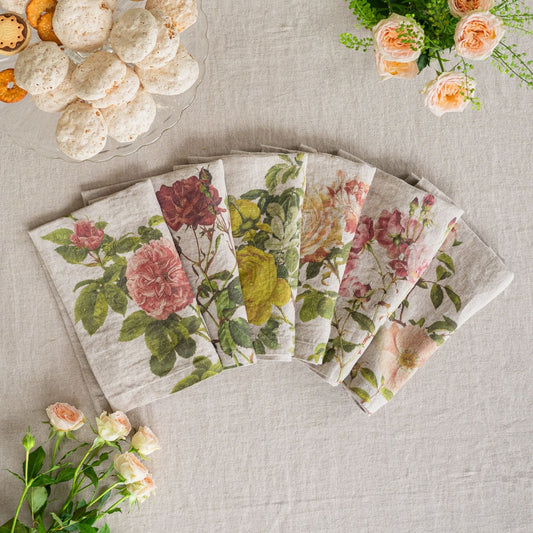 European Linen 'Roses' Set of 6 Linen Napkins - Natural