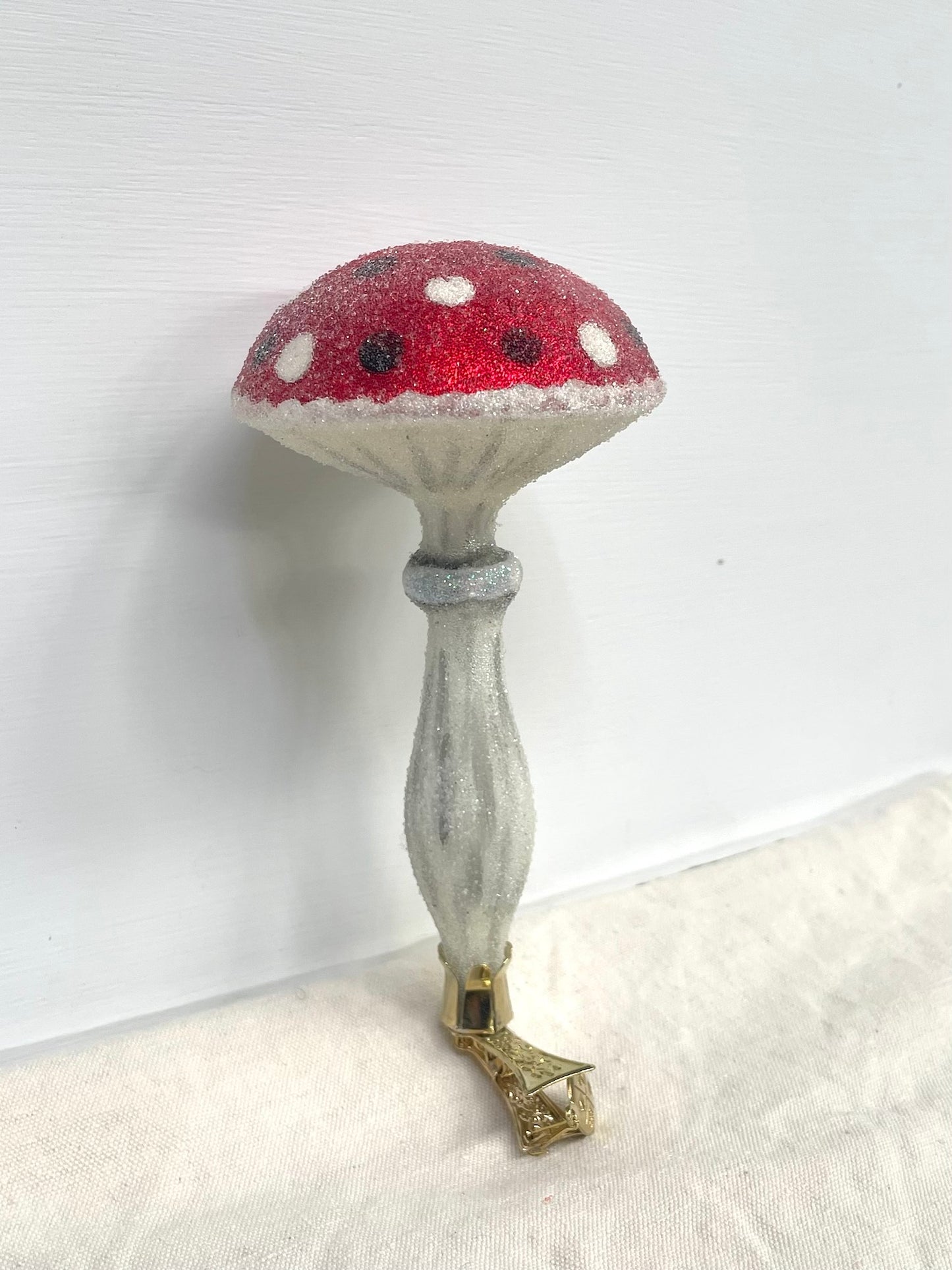 Polish Glass Christmas Ornament - Polka Dot Mushroom on Clip