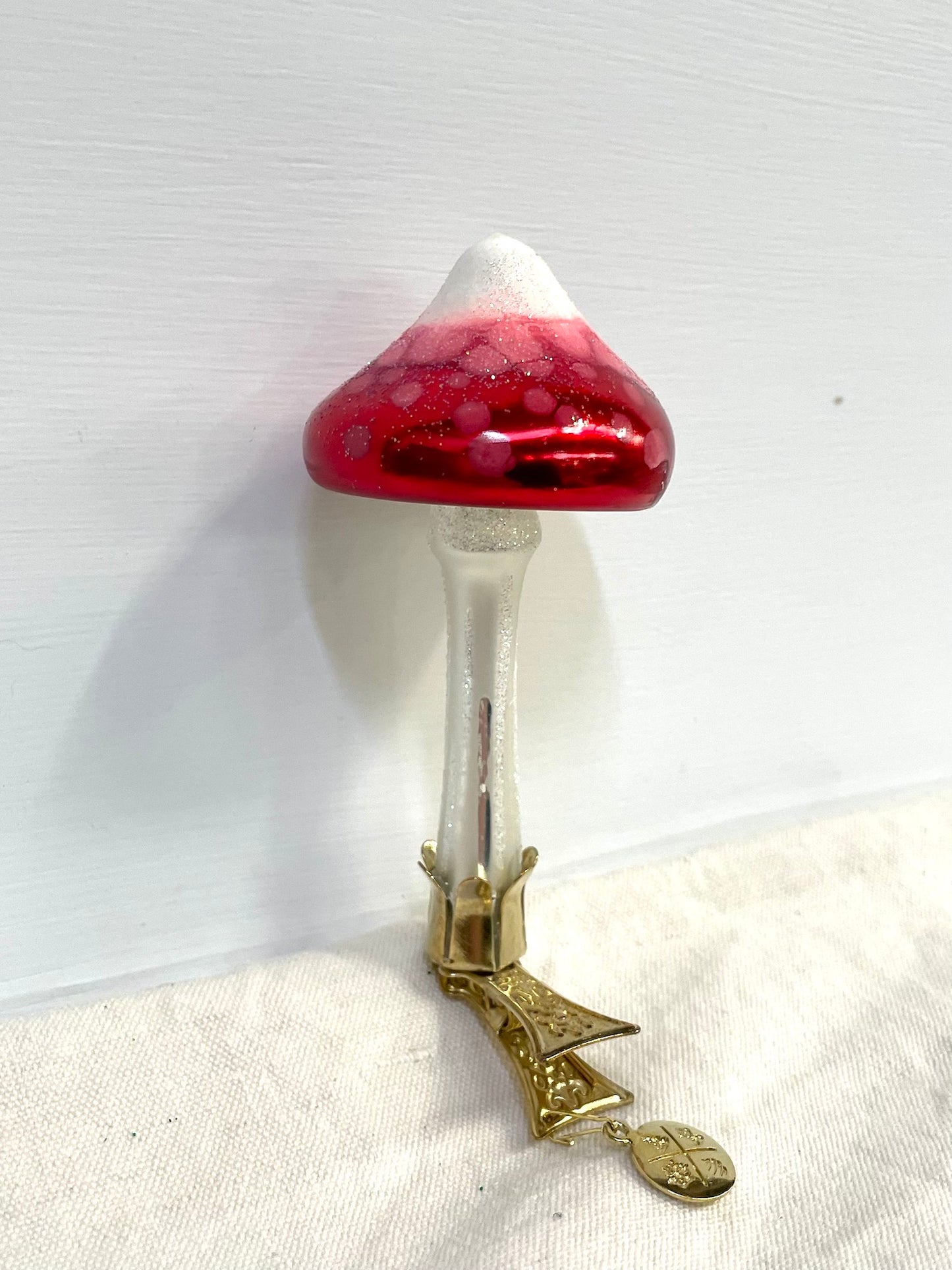 Polish Glass Christmas Ornament - Red Mushroom on Clip