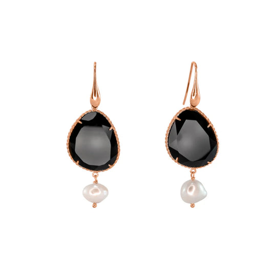 Italian Large Black Agate Teardrop Earrings With Pearl And Hook Back