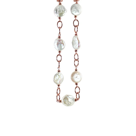 Italian White Coin Pearl Double Link Necklace