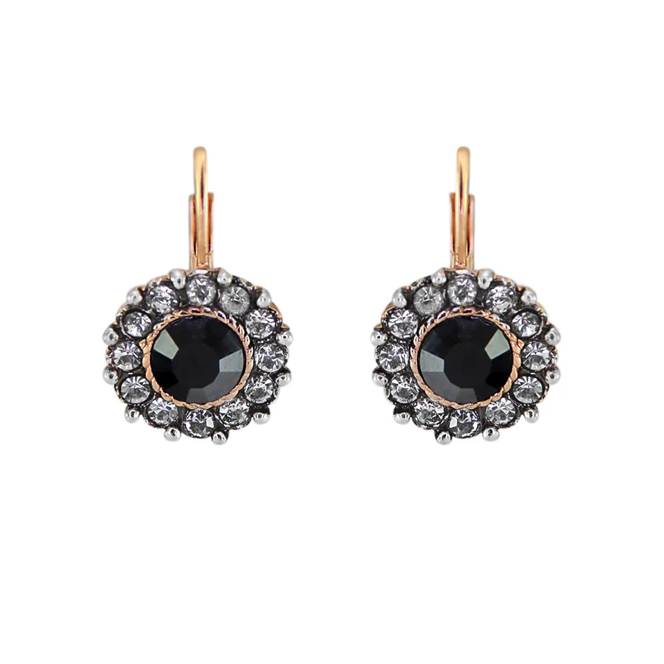 Italian Small Round Crystal Earrings With Onyx Centre