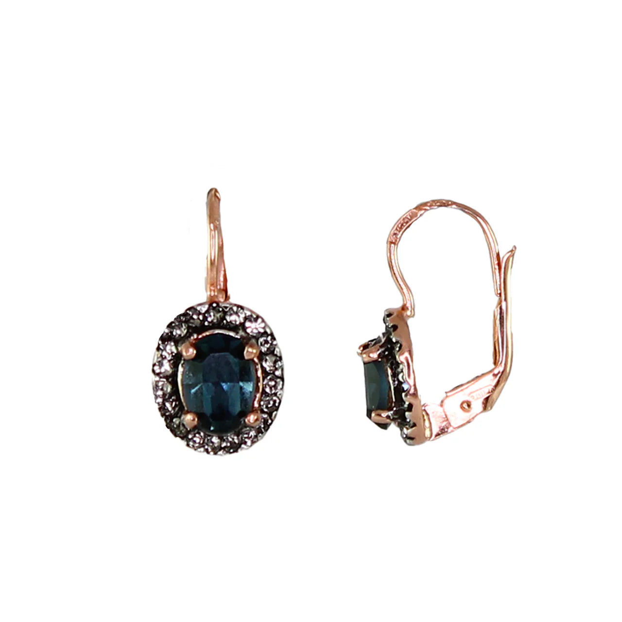 Italian Small Rose Gold Earrings With Dark Blue Crystal Centre