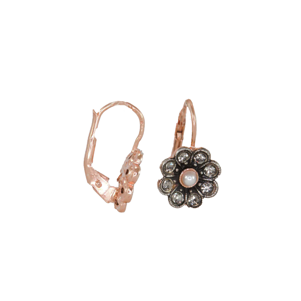Italian Small Crystal Flower Earrings With Pearl Centre