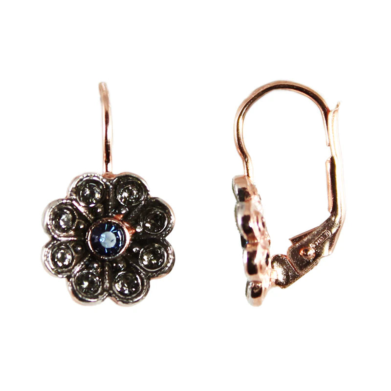 Italian Small Flower Earrings With Dark Blue Crystal Centre
