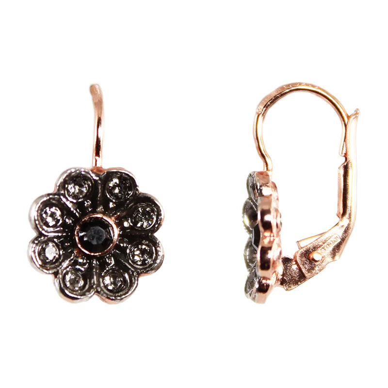 Italian Small Flower Earrings With Black Crystal Centre