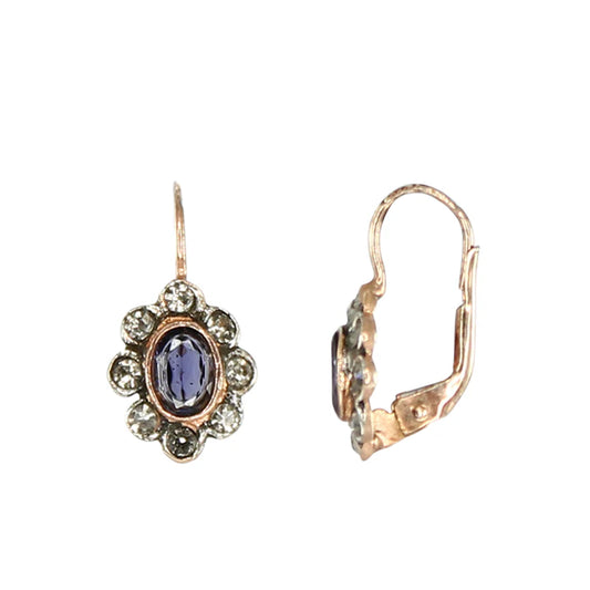 Italian Small Rose Gold Flower Earrings With Iolite Centre