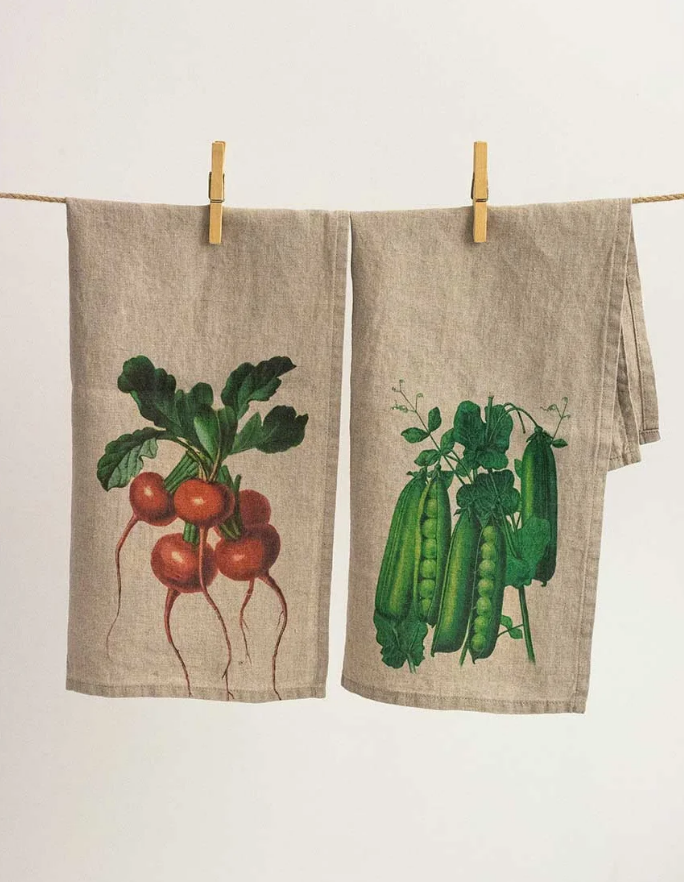 European Linen 'Peas & Radishes' Pair of Tea Towels