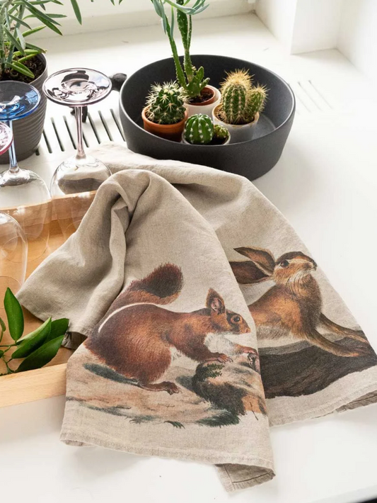 European Linen 'Hare & Squirrel' Pair of Tea Towels