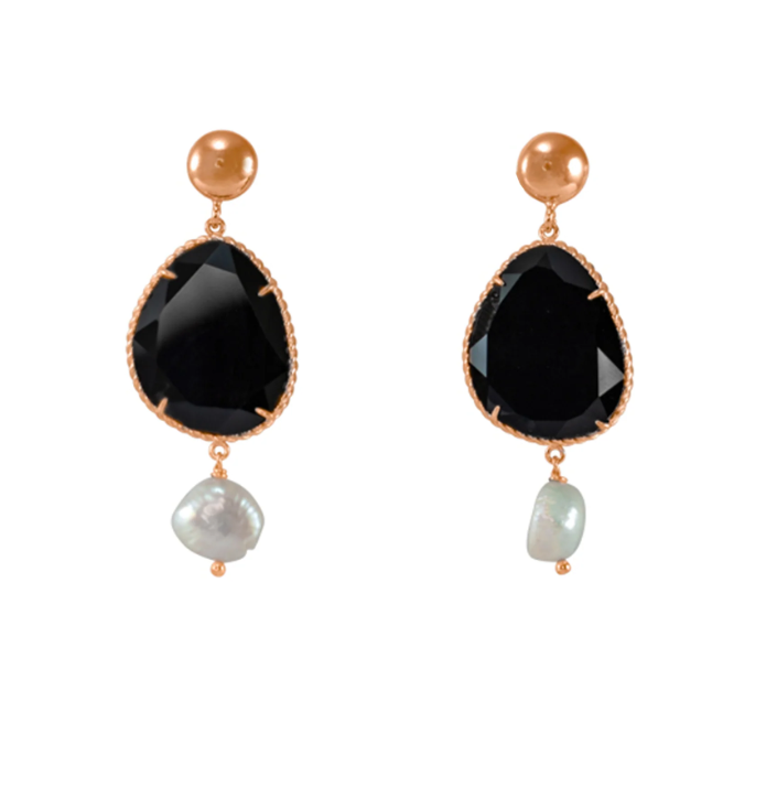 Italian Black Agate & Pearl Drop Stud Earrings