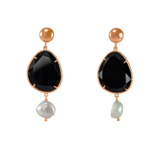 Italian Black Agate & Pearl Drop Stud Earrings