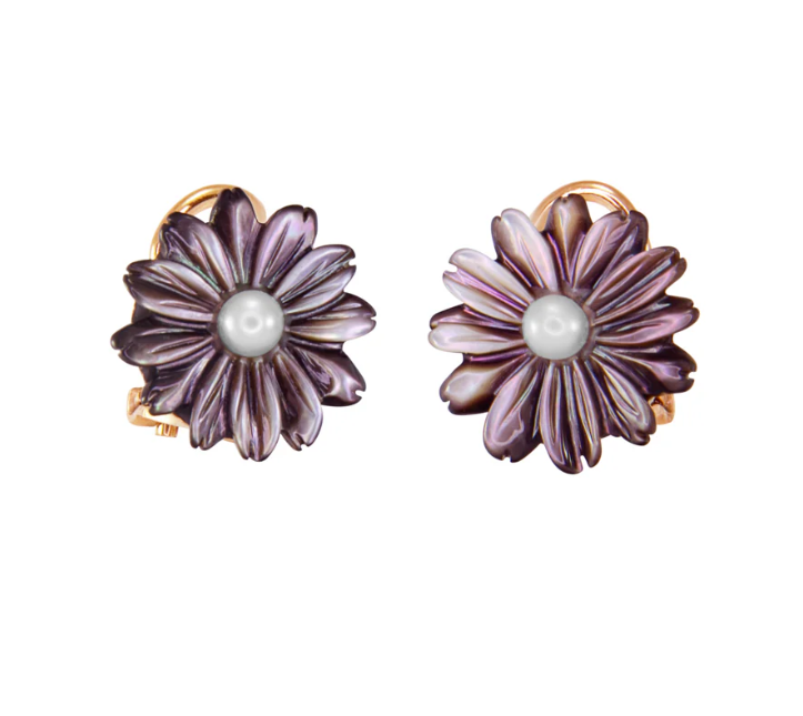 Italian Small Grey Mother-of-Pearl Flower Earrings Stud