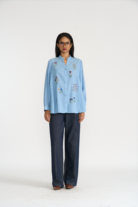 Blue Button Up Cotton Shirt With Floral Embroidery