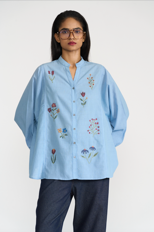 Blue Button Up Cotton Shirt With Floral Embroidery