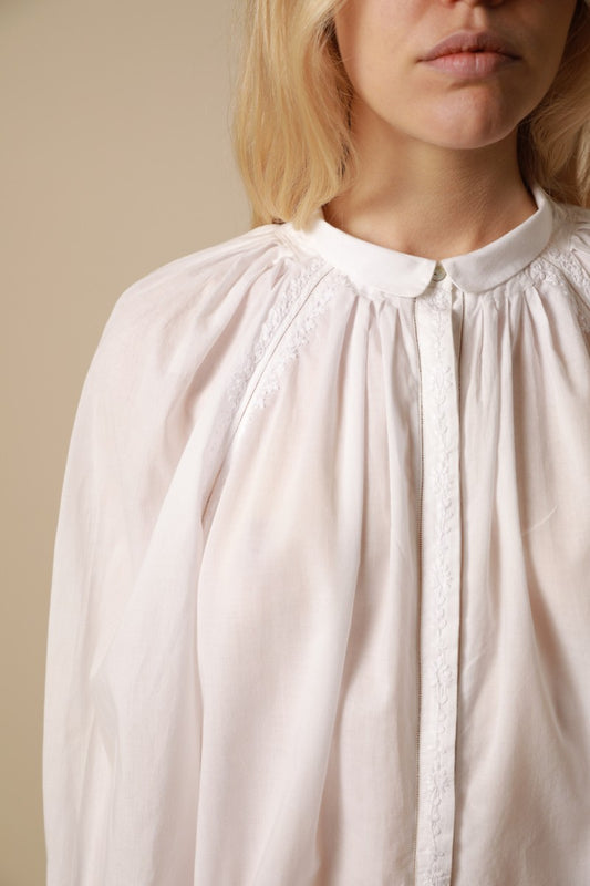 French White Embroidered Blouse With Drawstring Hem - Ann