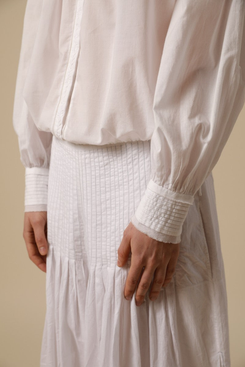 French White Embroidered Blouse With Drawstring Hem - Ann