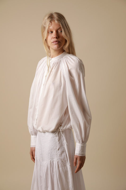 French White Embroidered Blouse With Drawstring Hem - Ann