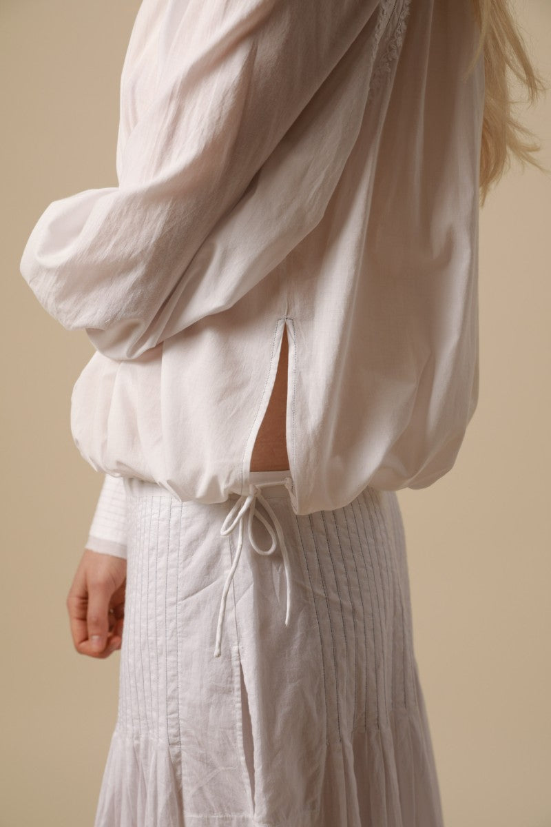 French White Embroidered Blouse With Drawstring Hem - Ann