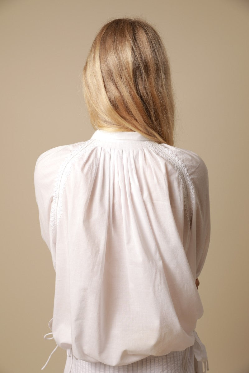 French White Embroidered Blouse With Drawstring Hem - Ann