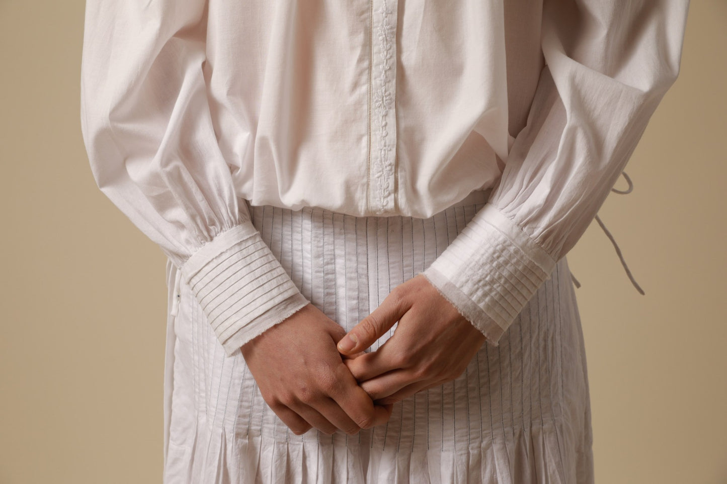 French White Embroidered Blouse With Drawstring Hem - Ann