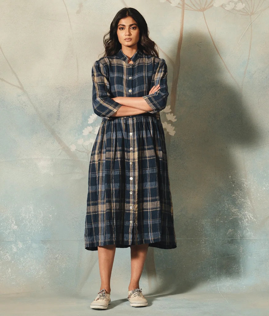 DVE 'Tara' Linen Dress - Navy And Beige Check
