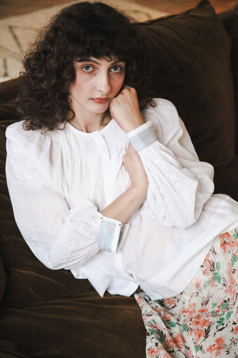 French White Embroidered Blouse With Smocked Neck - Margot