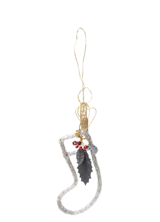 Walther & Co. Beaded Silver Stocking With Holly Ornament