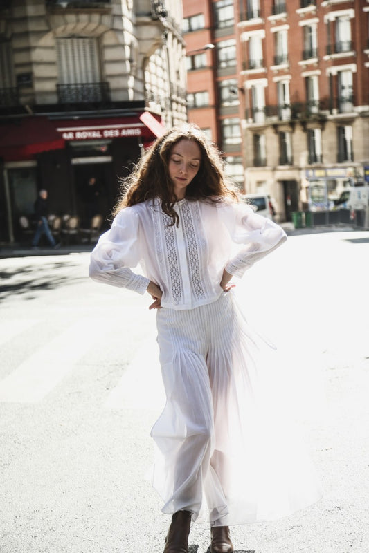 French White Blouse With Lace Trim - Mia