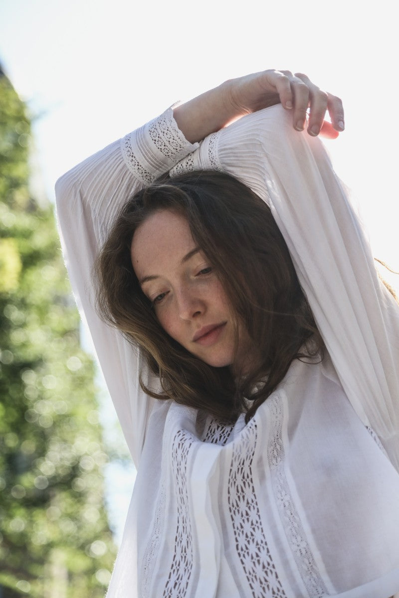French White Blouse With Lace Trim - Mia