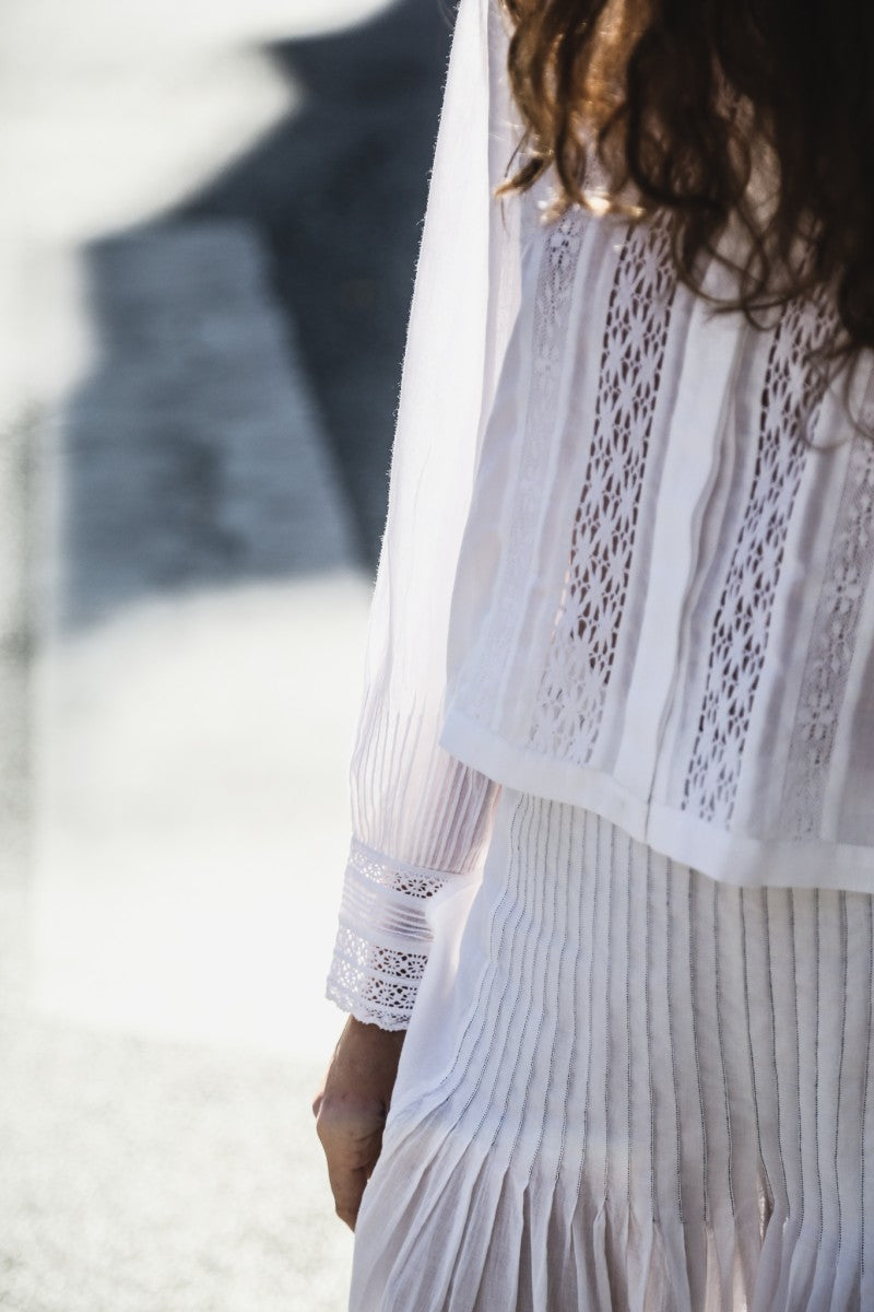 French White Blouse With Lace Trim - Mia