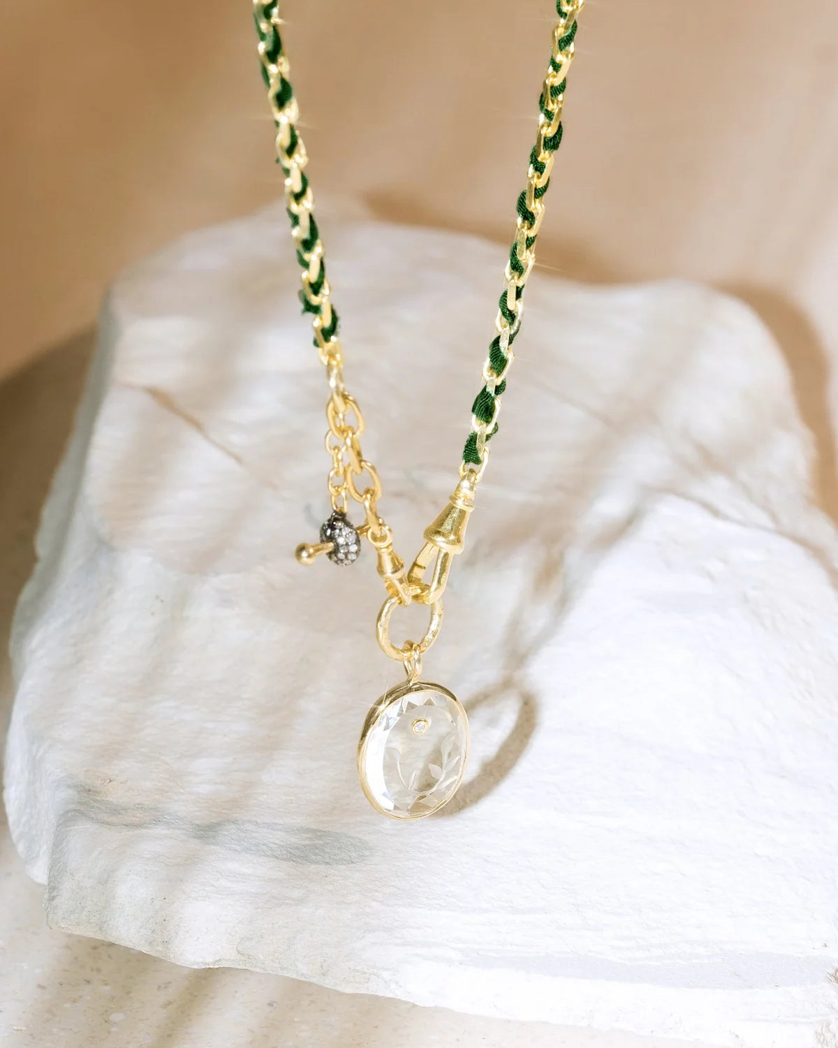Marie Laure Chamorel Gold & Green Necklace With Carved Crystal Laurel Medallion