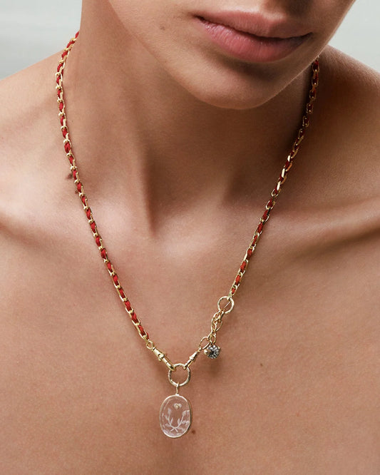 Marie Laure Chamorel Gold & Red Necklace With Carved Crystal Laurel Medallion