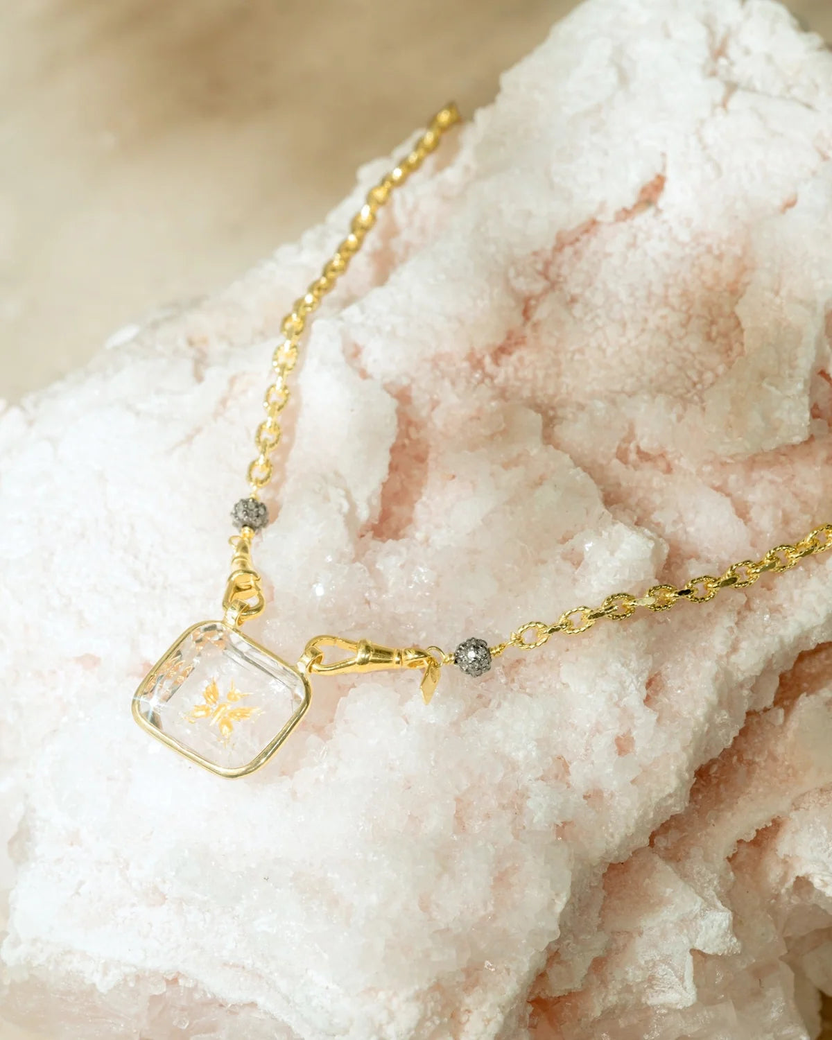 Marie Laure Chamorel Gold Necklace With Carved Crystal Butterfly Medallion