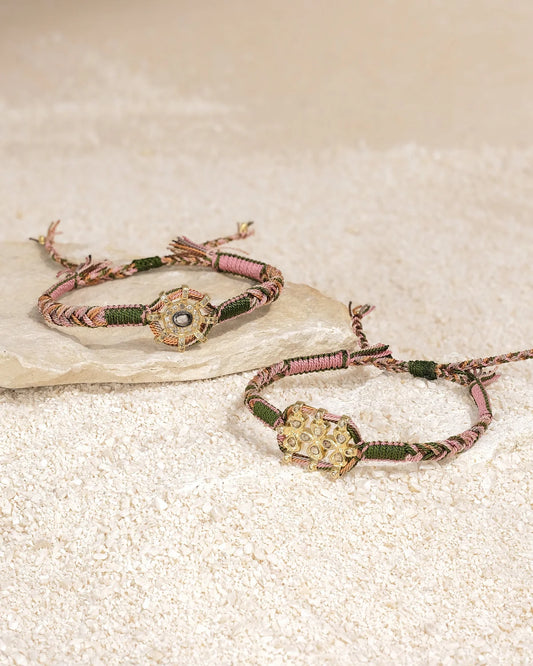 Marie Laure Chamorel Pink & Kahki Woven Bracelet With Diamond Center